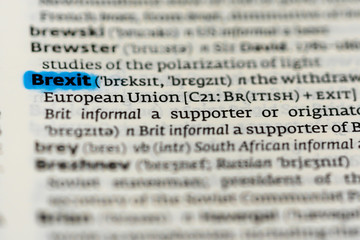Fototapeta premium Definition of the word Brexit on a dictionary page highlighted in blue 