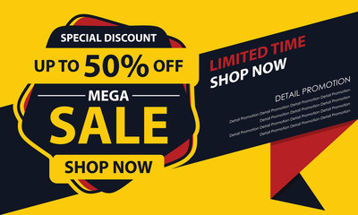 Obraz premium Mega Sale Special Discount Banner Template. Discount Up to 50%. Vector Template Poster Sale Promotion.