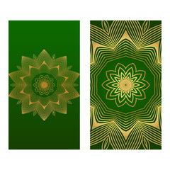 Invitation Or Card Template With Floral Mandala Pattern. For Wedding, Greeting Cards, Birthday Invitation. The Front And Rear Side. Vector Illustration. Green gold color