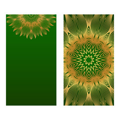 Templates Card With Mandala Design. Heathcare, Lifestyle Flyer. Vector Illustration. Romantic green gold color