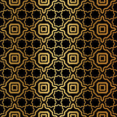 Luxury Art Deco Pattern Of Geometric Elements. Seamless Pattern. Vector Illustration. Design For Printing, Presentation, Textile Industry. Ethnic Arabic, Fashion Decorative Ornament. Black, gold color
