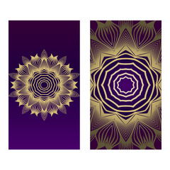 Ethnic Mandala Ornament. Templates With Mandalas. Vector Illustration For Congratulation Or Invitation. The Front And Rear Side. Romantic purple gold color