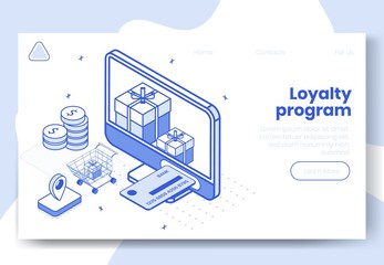 Digital isometric design concept set of loyalty program 3d icons.Isometric business finance symbols-credit card,gift boxes,dollar coins,shopping cart,geo tag on landing page banner web online concept