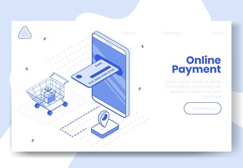Digital isometric design concept set of online payment app 3d icons.Isometric finance business symbols-mobile phone,credit card,shopping cart,gift box,geotag on landing page banner web online concept