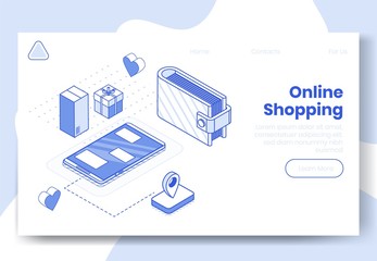 Digital isometric design concept set of online shopping app 3d icons.Isometric business finance symbols-mobile phone,wallet,package boxes,geo tag,heart icons on landing page banner web online concept