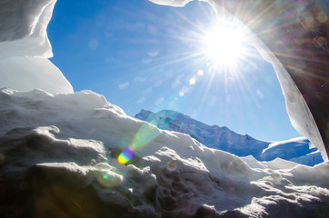 Snow cave in french Alps. Chamonix Mont Blanc during winter.