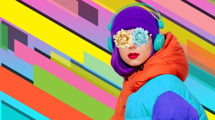 style girl listen music in headphones