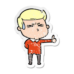 distressed sticker of a cartoon man sweating