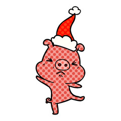 comic book style illustration of a furious pig wearing santa hat