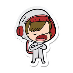 sticker of a cartoon astronaut woman explaining