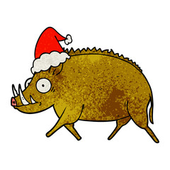 textured cartoon of a wild boar wearing santa hat