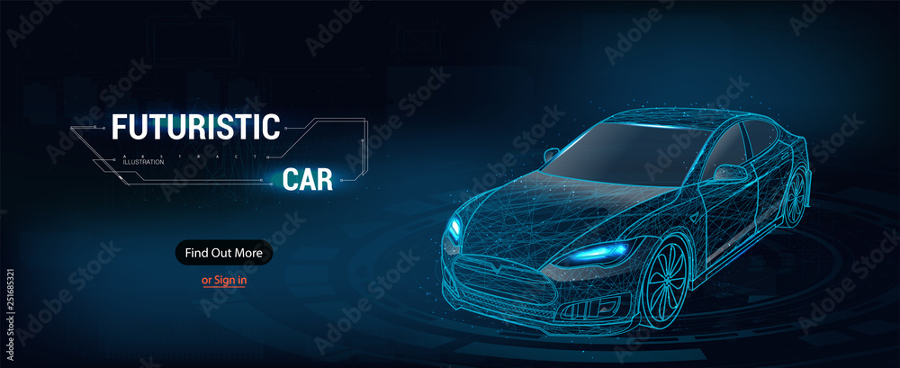 Poster Abstract image of a sport car in the form of a starry sky or space, consisting of points, lines, and shapes in the form of planets, stars and the universe. Cars vector wireframe concept.