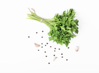 Herbs and spices isolated on white background. Parsley, garlic and pepper. Ingredients for cooking. Flat lay. Top view.