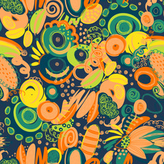 Naklejka premium Vector seamless pattern with hand drawn abstract shapes, scribbles, spirales. Stains and spots of paint. Creative background. Freehand style. Design with doodle. Wallpaper, textile, wrapping, cover