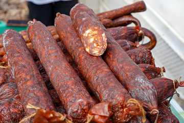 Butcher Vendor Sell Smoked Meat Sausages
