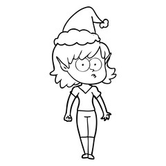 line drawing of a elf girl staring wearing santa hat