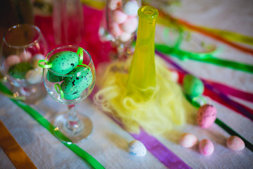 Fototapeta premium Feast of Holy Easter. Table decorated for the holiday with decorative elements