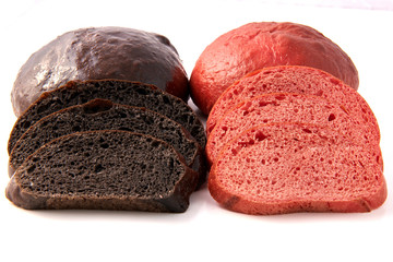 Colored hamburger buns cut slices and isolated on white background