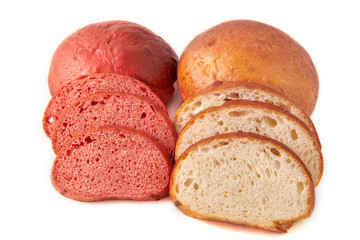 Colored hamburger buns cut slices and isolated on white background