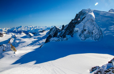 Lonely ski slope in the top of french Alps. Perfect winter holiday in Chamonix Mont Blanc. 