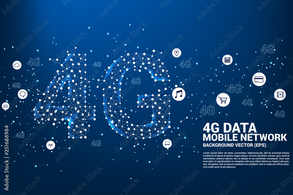 Poster Vector Polygon dot connect line shaped 4G mobile network with function icon. Concept for telecommunication and mobile phone technology.