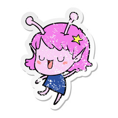 distressed sticker of a happy alien girl cartoon laughing