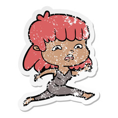 distressed sticker of a cartoon worried woman