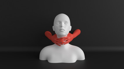 White female mannequin head with red hands on throat. Neck or throat pain concept. Violence illustration. Minimalist abstract 3d render.