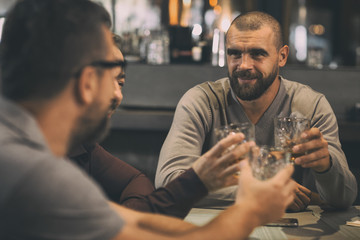Bearded man sitting in bar and communicating with friends. Clients of bar enjoying delicious and alcoholic beverages. Men relaxing and spending evening together after work.