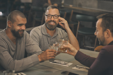 Company having meeting in bar. Men clinking crystal glasses and smiling. Handsome bearded man wearing in spectacles looking at camera. Friends drinking alcoholic beverages, brandy or whisky.