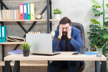 Unforgivable mistake. Falling stock prices. Man bearded boss sit office with laptop. Manager solving business problems online. Business man failed. Risky business. Broker and financial indicators