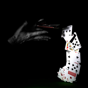 Playing Card Stack - On it's edge spread vertically - Creative Concept with De-Saturated (black and white) Hands