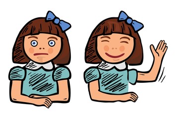 Schoolgirl thinks over a task and raised his hand answer.