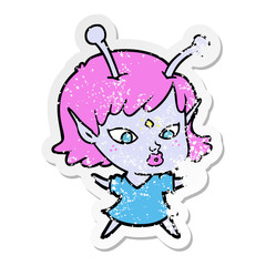 distressed sticker of a pretty cartoon alien girl