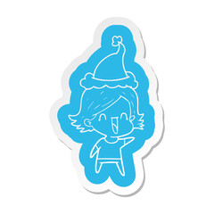 cartoon  sticker of a happy woman wearing santa hat