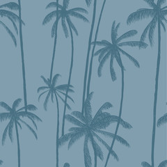 Fototapeta na wymiar Tropical vector palm leaves seamless pattern. Hand drawn blue background for manufacture, textile, fabric, swimwear or decoration.