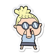 sticker of a cartoon shy woman wearing spectacles