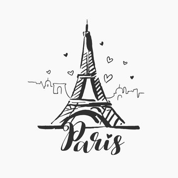 Vector hand drawn illustration of Paris famous building silhouette on white background.