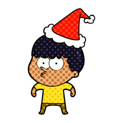 comic book style illustration of a curious boy wearing santa hat