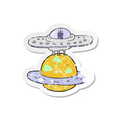retro distressed sticker of a cartoon flying saucer