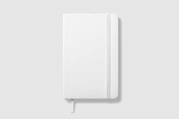 Top view of Blank photorealistic notebook mockup on light grey background, 3d illustration. 