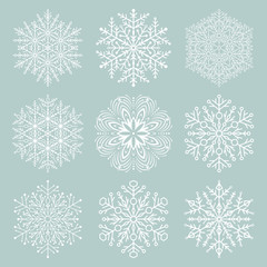 Set of vector snowflakes. White winter ornaments. Snowflakes collection. Snowflakes for backgrounds and designs