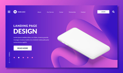 Landing page, banner template. White smartphone 3d isometric illustration, mockup for mobile interface. Vector layout.