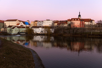 Evening winter royal medieval Town Pisek with the Castle above the river Otava, Czech Republic 