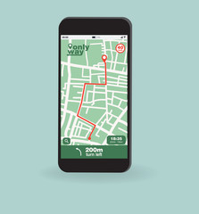 Flat vector of smartphone with GPS map navigation app with planned route