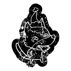 cartoon distressed icon of a hungry wolf wearing santa hat