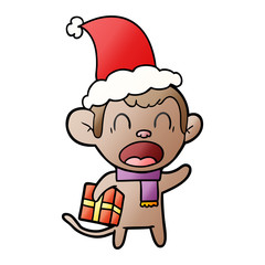 shouting gradient cartoon of a monkey carrying christmas gift wearing santa hat