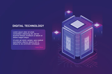 Blockchain technology isometric icon, server room and database, data warehouse and cloud computing concept ultraviolet landing web page vector