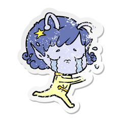 distressed sticker of a cartoon crying alien girl