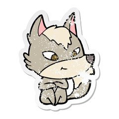 distressed sticker of a friendly cartoon wolf